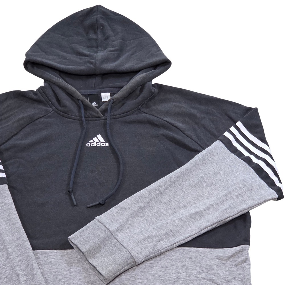 Adidas Sport ID 3-Stripe Hoodie Pullover Long‎ Sleeve Gray Black Mens Large